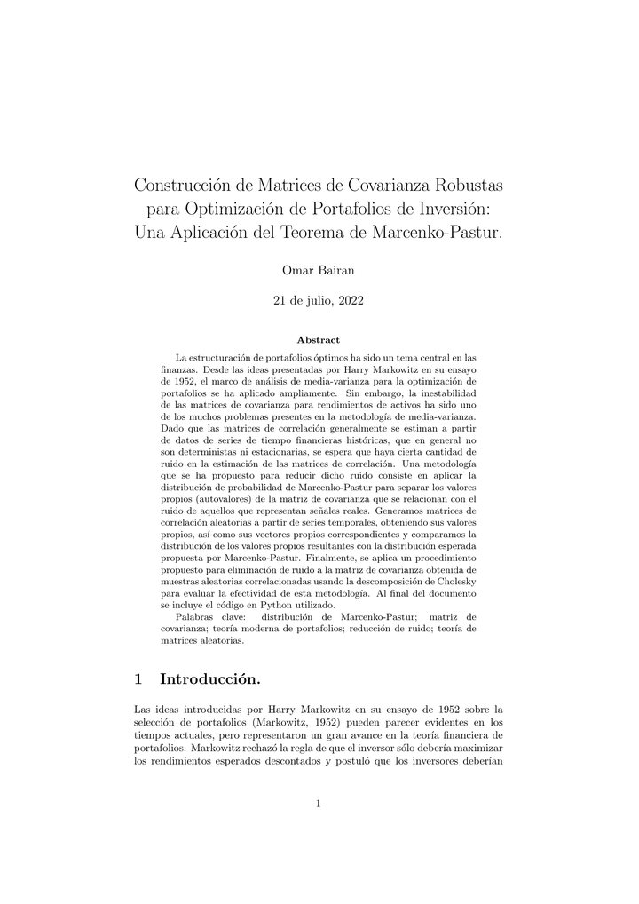 Primera página del documento: Construcción de Matrices de Covarianza Robustas para Optimización de Portafolios de Inversión: Una Aplicación del Teorema de Marcenko-Pastur