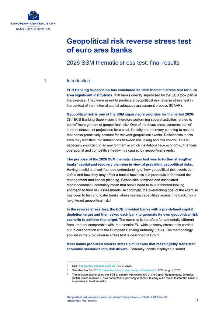 Primera página del documento: Geopolitical risk reverse stress test of euro area banks: 2026 SSM thematic stress test, final results