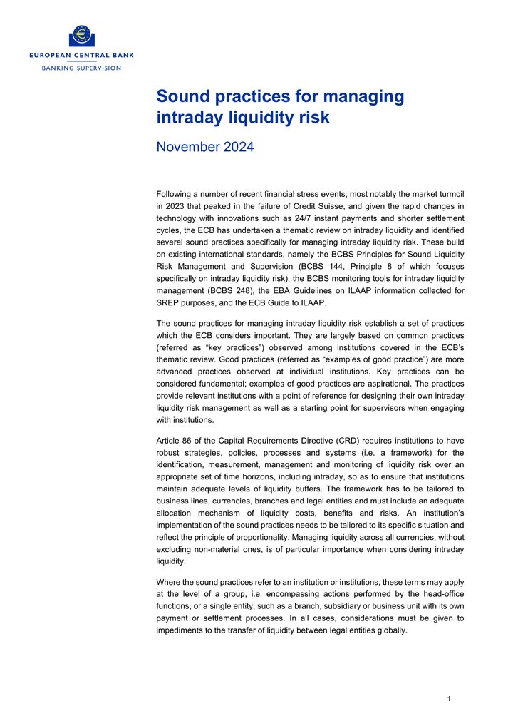 Primera página del documento: Sound practices for managing intraday liquidity risk