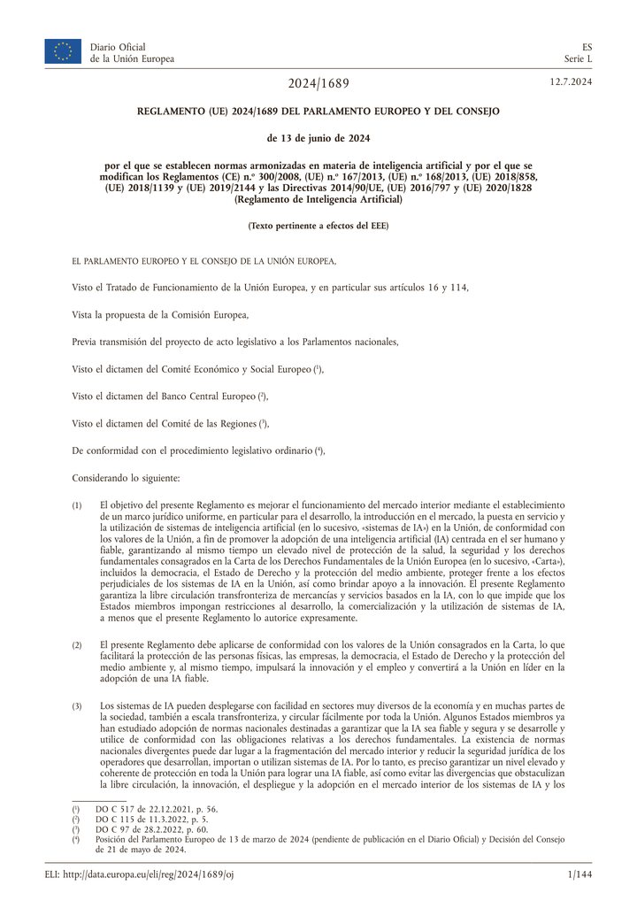 Primera página del documento: Reglamento (UE) 2024/1689 por el que se establecen normas armonizadas en materia de inteligencia artificial
