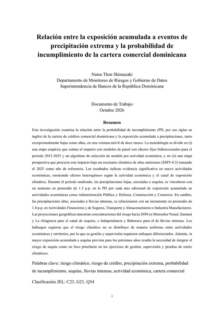 Primera página del documento: Relación entre la exposición acumulada a eventos de precipitación extrema y la probabilidad de incumplimiento de la cartera comercial dominicana
